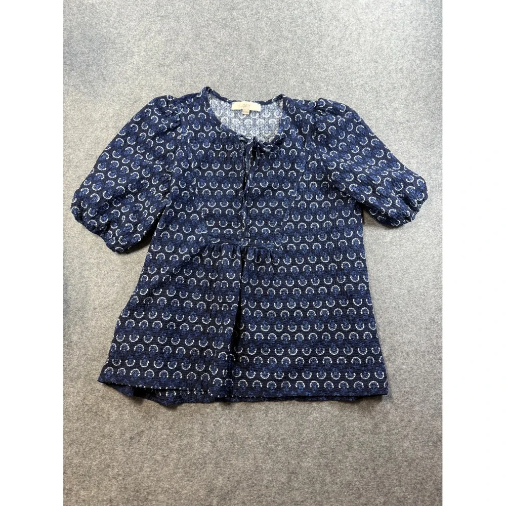 Loft Women Navy Blue White Medallion Puff Sleeve Tie Neck Blouse Size M